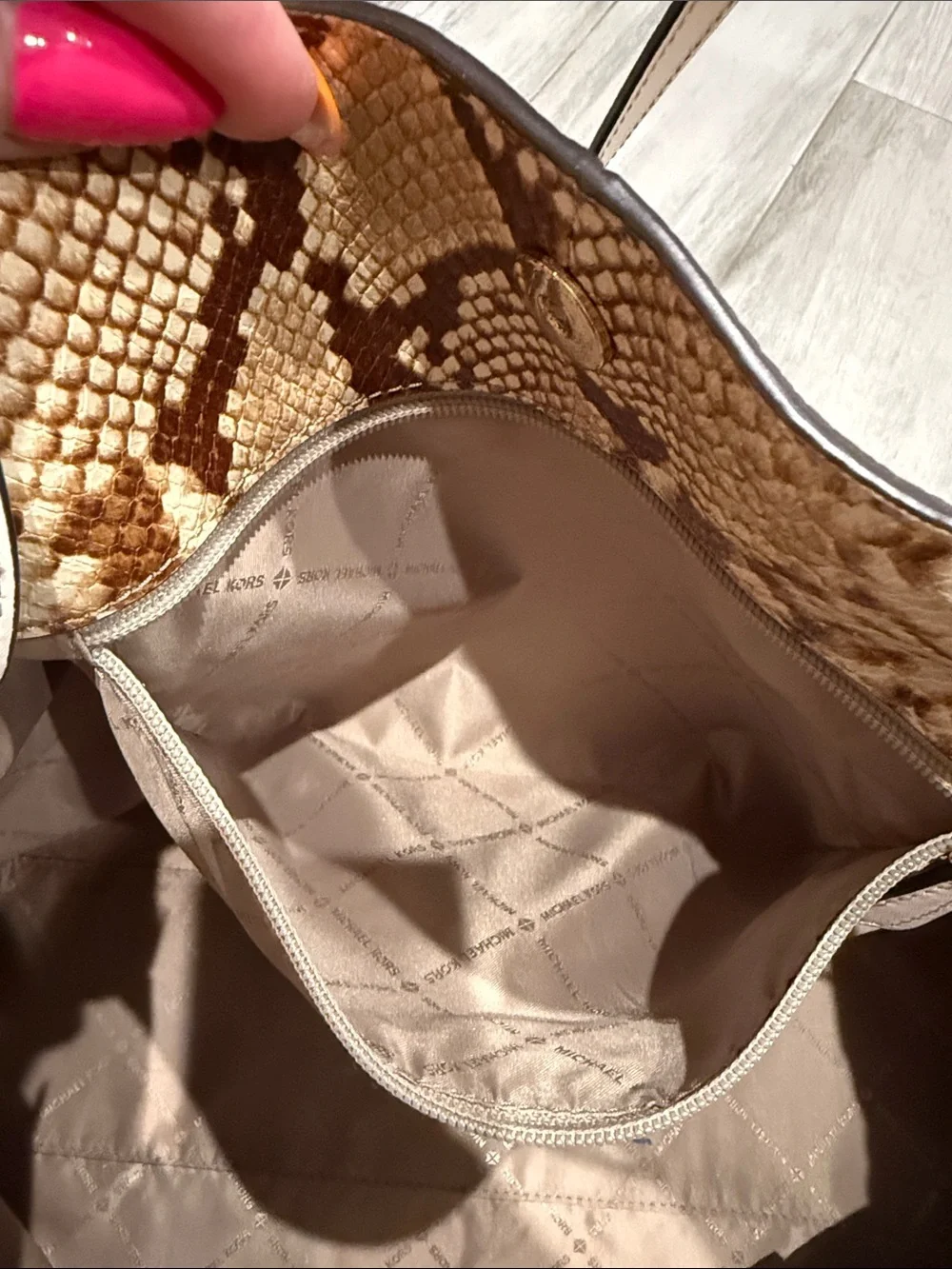 Michael Kors Brown Snake-Print Tote with Cream Handles
